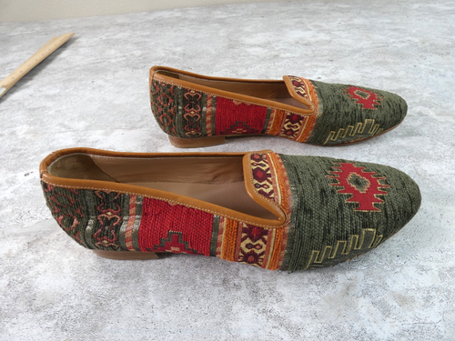 Zapato Kikim Hecho a Mano Mujer 43 EE. UU. 12 Verde De Colección Suroeste Alfombra Sin Cordones Boho - Imagen 2 de 14