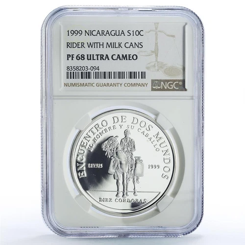 Nicaragua 10 cordobas Delivery Man Horse Ibero-American PF68 NGC Ag coin 1999