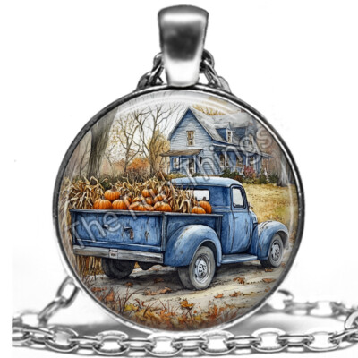 Farmhouse Retro Blue Truck Necklace Nostalgic Charm Autumn Pumpkins Fall Jewelry