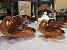 2 Beautiful Wooden Bamboo/ Wicker Duck/ Swan Nesting Baskets 14"Lx11 1/2 " H