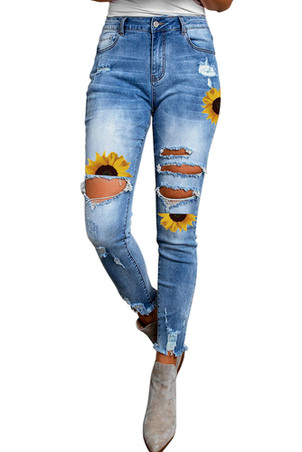 Women Sky Blue Sunflower Print Skinny 