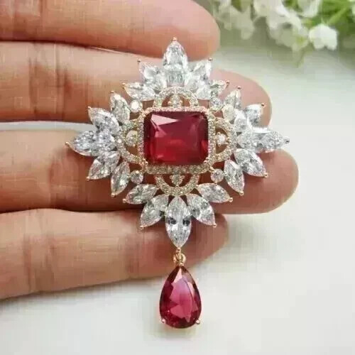 3.50Ct Emerald Cut Lab Created Red Ruby Wedding Brooch Pin 14K Rose Gold Plated - Picture 4 of 7