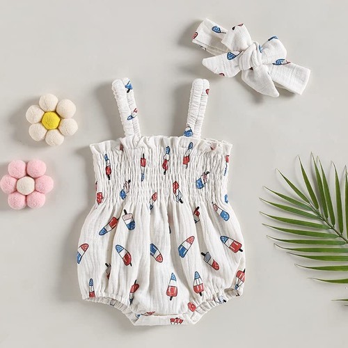 Amnnchya Baby Girl 4th of July Outfit Ice Cream Sleeveless 3-6 Months White - Afbeelding 2 van 7