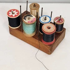 Vintage Homemade Wooden Block Thread Spool Holder & 6  Vintage Spools of Thread