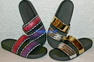 Victoria S Secret Pink Slides Double Strap Sport Sandals Glitter
