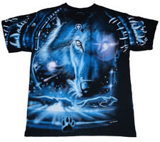 VTG 2001 Liquid Blue Tribal Wolves Southwest Native American Crow L Tee T Shirt