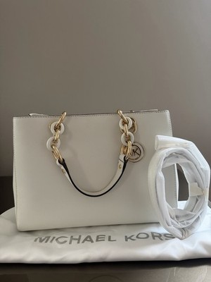 MICHAEL KORS ホワイト ハンドバッグ Michael Kors White Satchel Top Handle Bag Gold Chain Accents