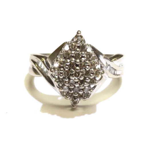 10k white gold .30ct diamond cluster ring S12 H natural estate 3.3g VINTAGE 6
