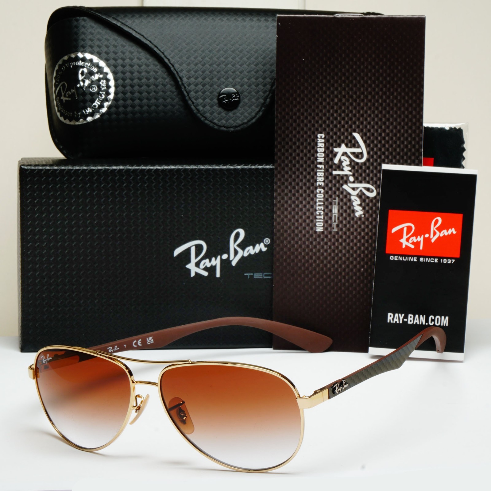 Ray-Ban Sunglasses Carbon Fibre Tech Aviator Gold Brown RB 8313 001/51 58mm