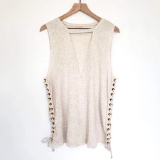Maronie SIZE S Cream Textured Tunic Tank Top Distressed Lace Up Sides Keyhole