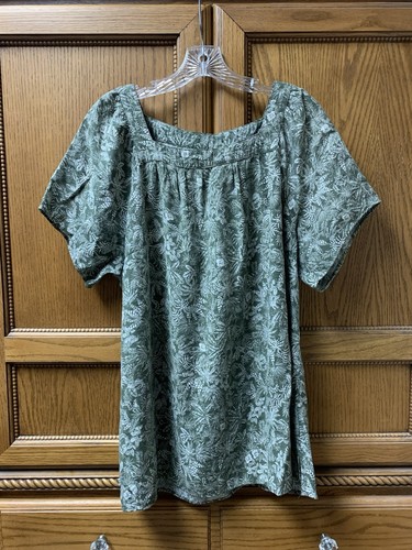 CJ Banks Women’s Green White Tropical Print Short Sleeve Peasant Blouse Size 2X