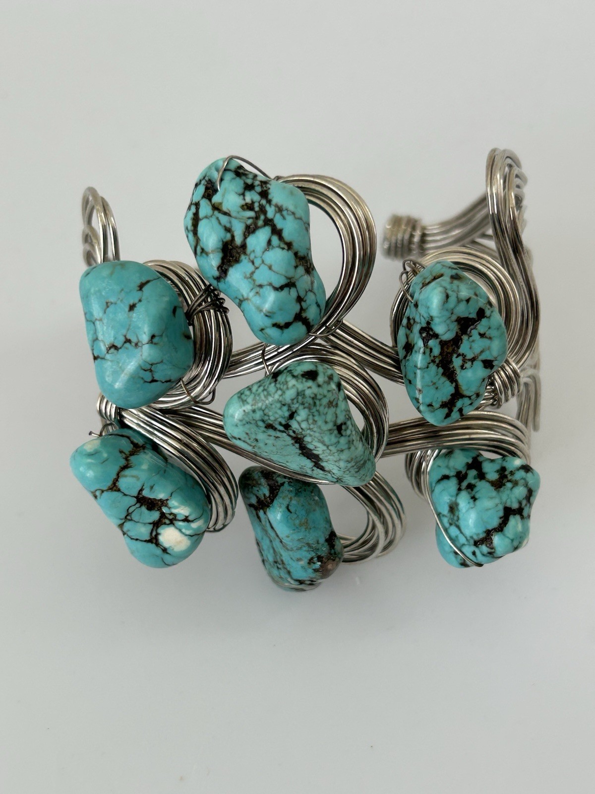 Statement Wire Cuff Bracelet Turquoise Nugget Sto… - image 2