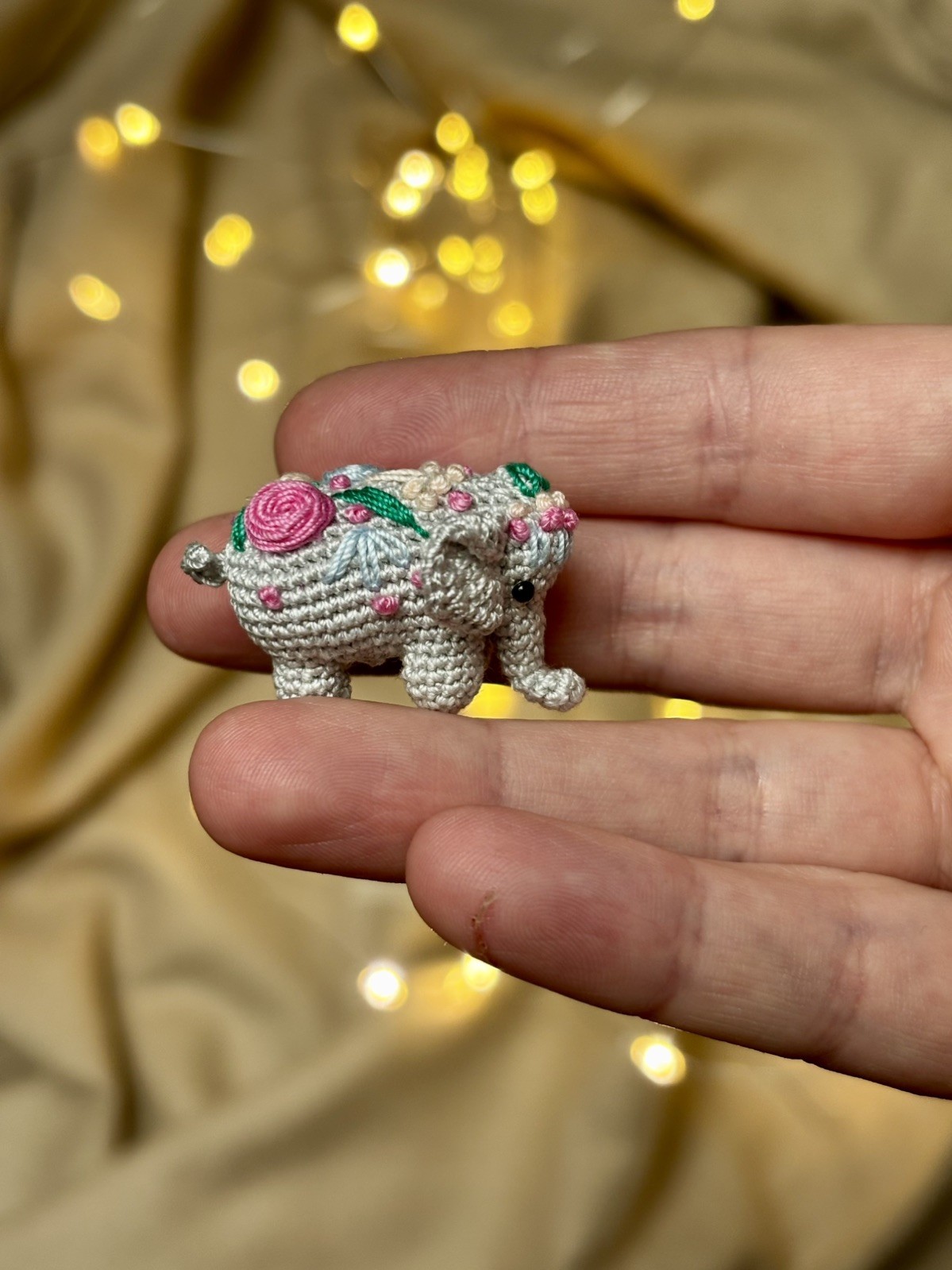 Grey Micro Crochet Elephant with Embroidery – Tiny Amigurumi Collectible 