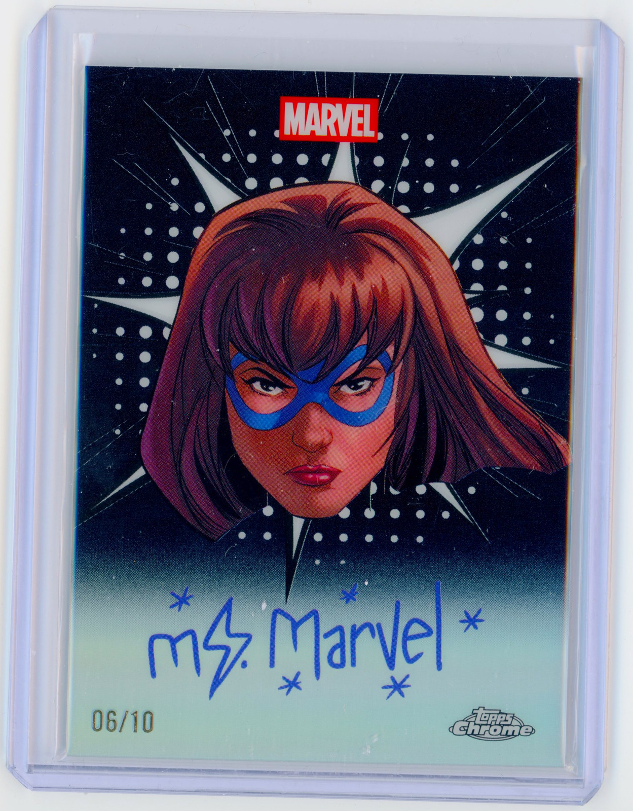 Ms. Marvel #MO-MM Marvel 2025 Topps Chrome Mask-Off Facsimile Autograph trading card — raw and PSA graded price guide