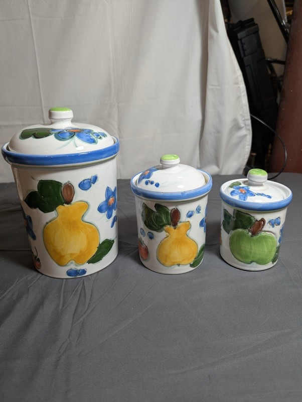 Vintage Hand Painted Floral/Fruit Set of 3 Terracotta Canisters W/Lids Portugal 