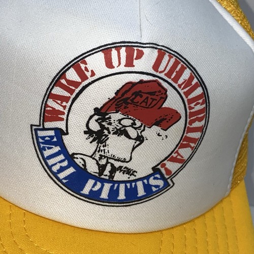 VINTAGE EARL PITTS WAKE UP AMERIKA! MÜTZE GELB UND WEISS NETZRÜCKEN DRUCKKNOPFLASCHE - Bild 2 von 5