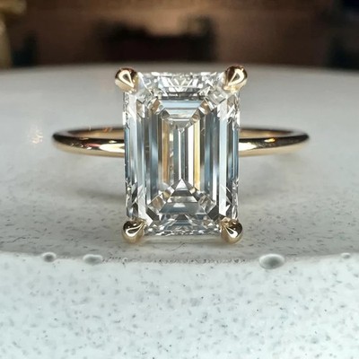 4CTW Emerald Cut VVS1 Moissanite Solitaire Engagement Ring 14kYellow Gold Plated