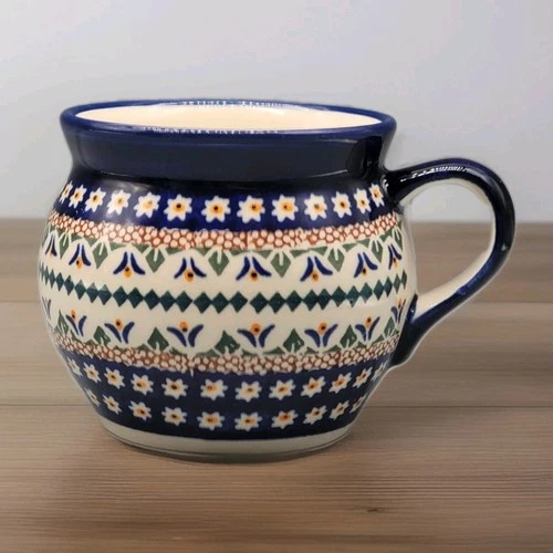 Boleslawiec Unikat Polish Pottery Bubble Coffee Mug Cup Floral Design 3.5" Tall