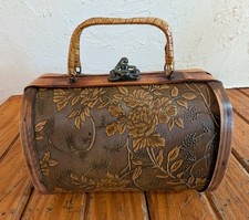 Vintage Wooden Box Purse Brown With Handles Embossed Floral Vine Motif