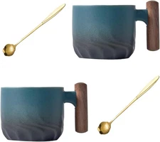 2.3 Oz Small Coffee Cups Tea Cup Spoons Set, Ceramic Espresso Cups with Wooden H