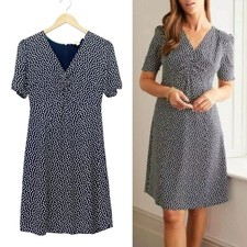 Boden Navy White Polka Dot Ruched V-Neck Short Sleeve A-Line Dress Size US 4 4L