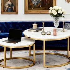 Nesting Coffee Tables Set of 2 Round White Gold 70/50cm Living Room UK