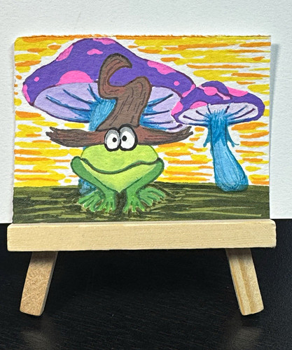 ACEO Original Acrylic Mini Painting, Cartoon Frog & Mushrooms, 2.5 x 3.5 Inches