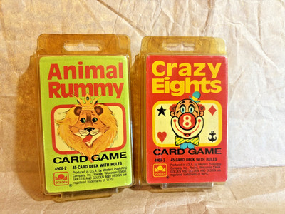 Vintage Golden Crazy Eights & Animal Rummy Card Games