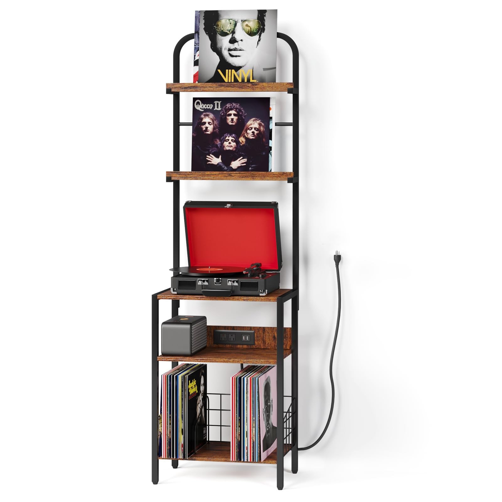 2-Tier Turntable Stand with Power Outlet & Vinyl Storage