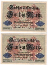 2 x 50 Mark.  Darlehenskassenscheine. UNC.   Fortlaufende Nummer. 5 August  1914