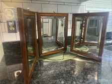 Antique Victorian Style Tri Fold Shaving/Travel Mirror Wood & Flower Engravings 