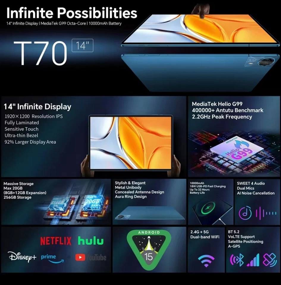 Teclast T70  14 inch Android 15 20+256GB 10000mAh 18W 4G LTE +WiFi GPS Tablet  - Image 2 of 4