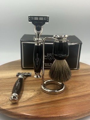 Edwin Jagger Shaving Set Black 3pc w/ Stand Badger Brush Razor Handle & Box