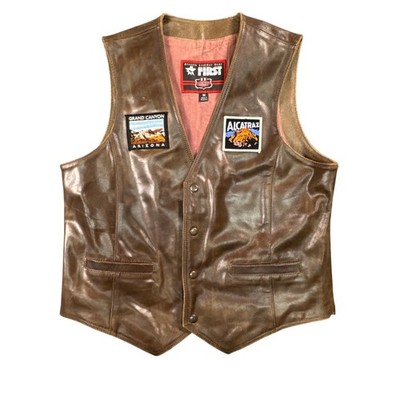 First Leather Apparel Brown Leather Biker Vest Men's M Patch Motorcycle Style