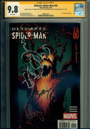 ULTIMATE SPIDER-MAN #60 CGC 9.8 SIGNED BY BENDIS & BAGLEY-AMAZING DOUBLE-SKETCH!