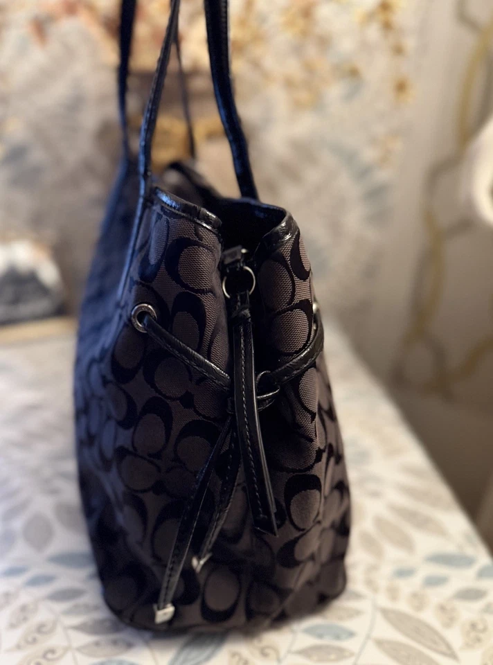 Coach F24882 Black Signature Python Print Stripe Tote Bag Large Shoulder Handbag - Image 3 of 4