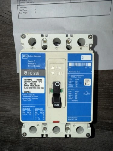 Cutler-Hammer FD3100 3P 100Amp 600V 25k Circuit Breaker