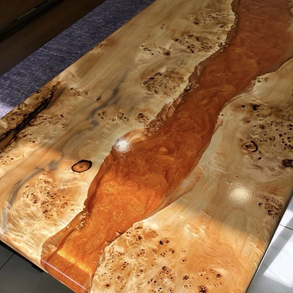 Resin and Wood Dining Table – Handmade Orange River Design – Burl Poplar Live - Image 3 of 4