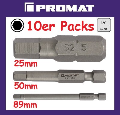 10er Pack PROMAT Sechskant Bit 6,3mm 1/4''  25 / 50 / 89 mm 2 2,5 3 4 5 6 8 10 mm