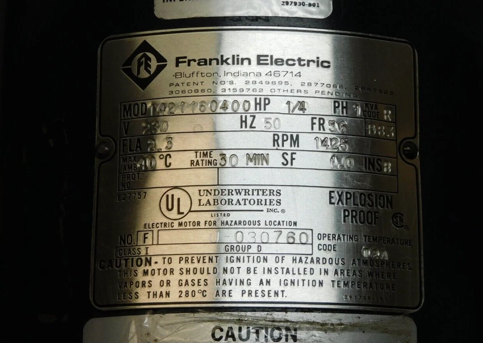 FRANKLIN ELECTRIC EXPLOSION PROOF MOTOR 1/4HP 1/4 HP 230V 1PH 1425RPM 1421160400 - Image 4 of 4