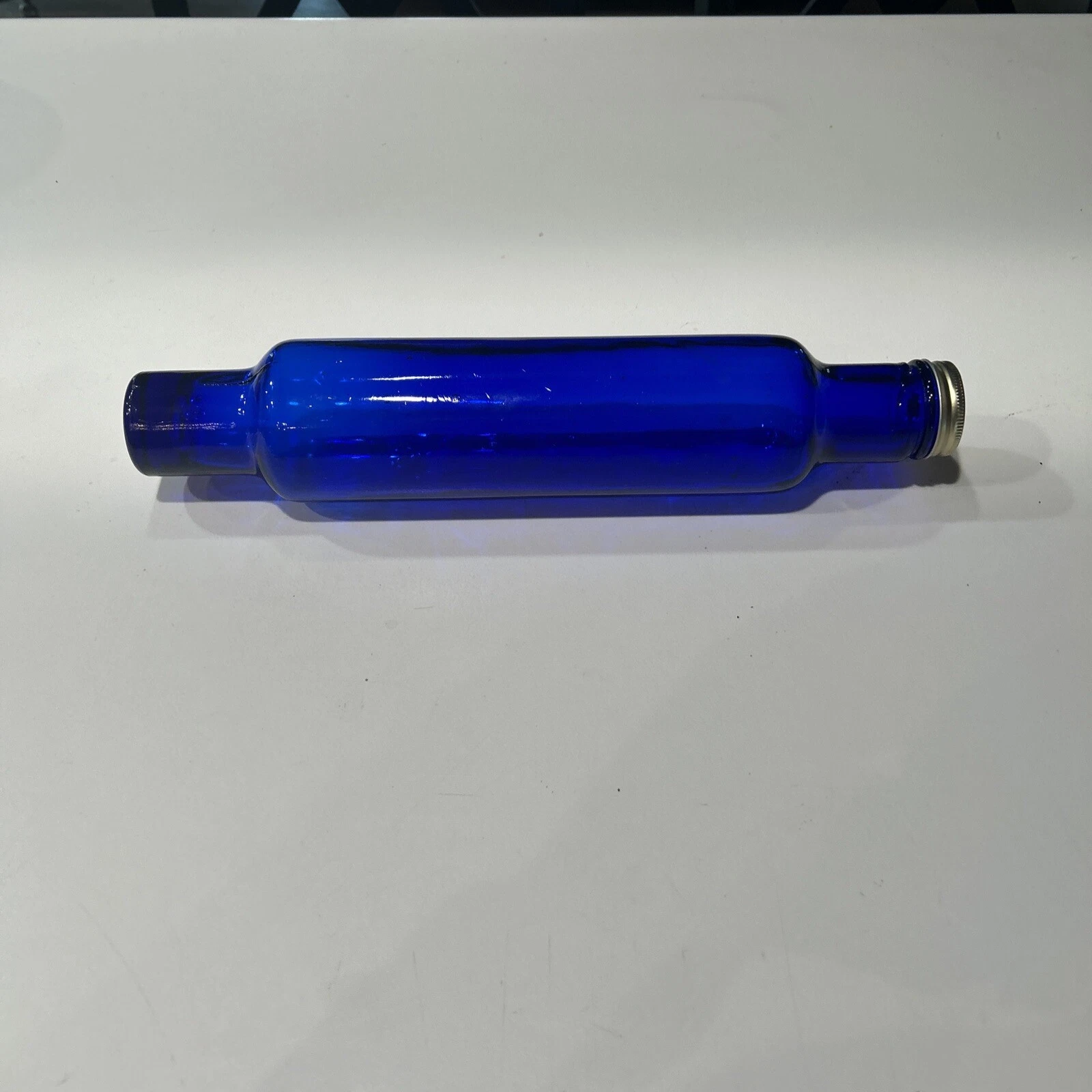 Vintage Cobalt Blue Glass Rolling Pin Hollow Metal Cap 13.5"
