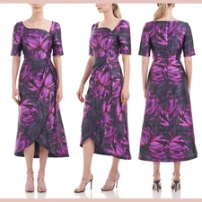 NWT $278 Kay Unger [ 8 ] Tallulah Floral Jacquard Dress Cerise Navy Purple S1453