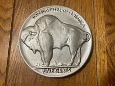 Vintage 5.5" Round Silver Buffalo Nickel Wall Hanging
