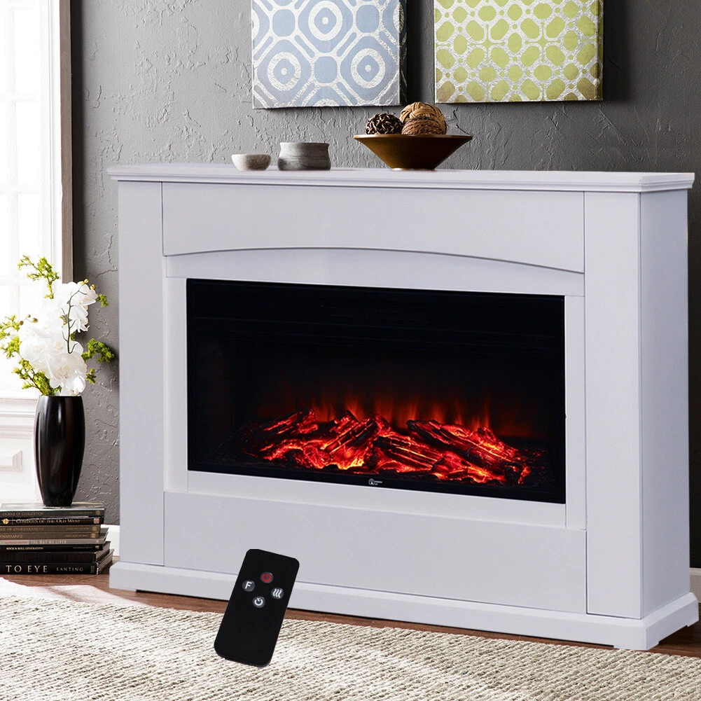 Electric Fire Inset Fireplace Heater with Remote Control White Wooden  Mantel 2Kw | eBay