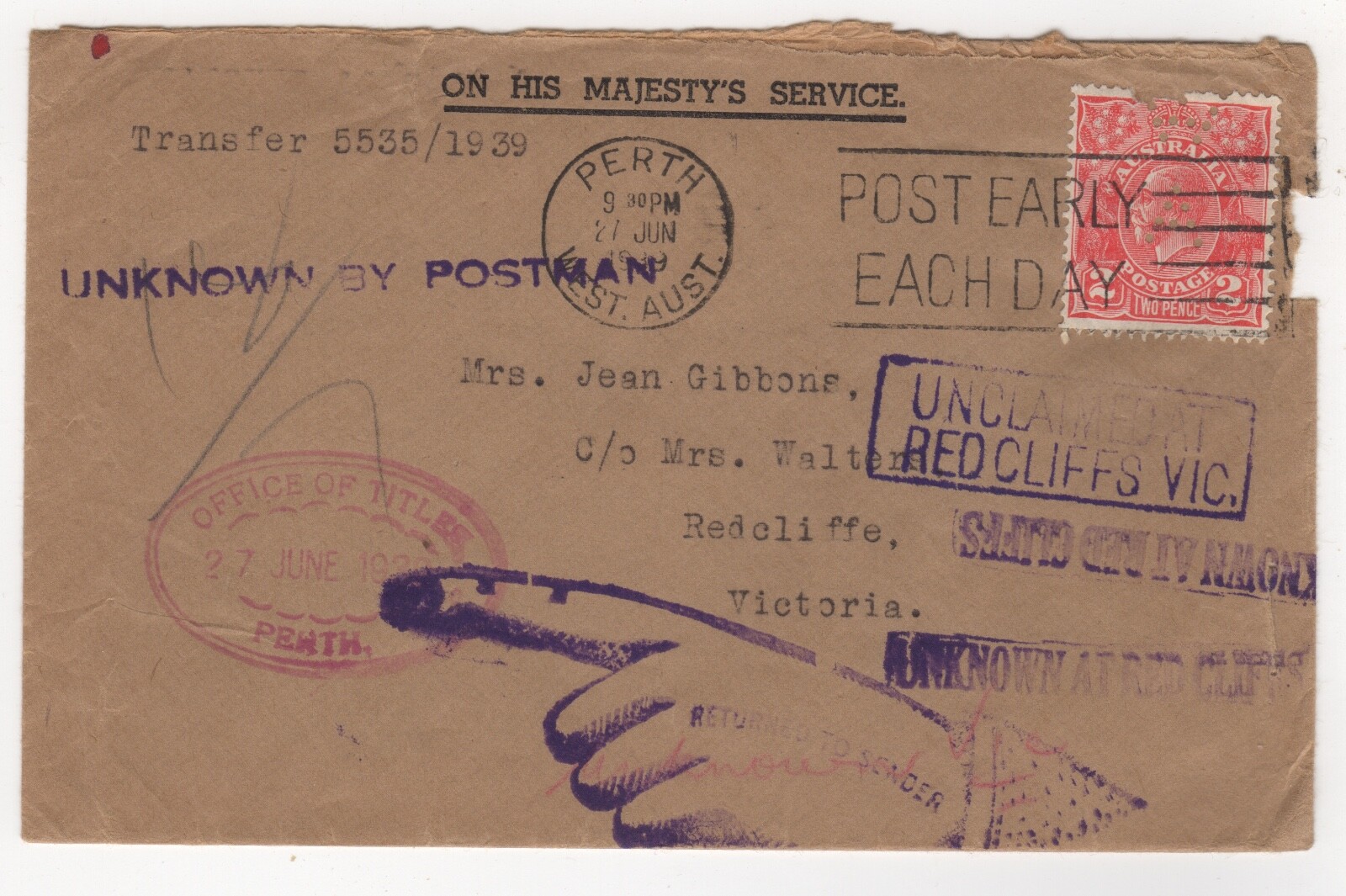 1939 Jun 27th. OHMS Return to Sender Cover. Perth to Redcliffs.