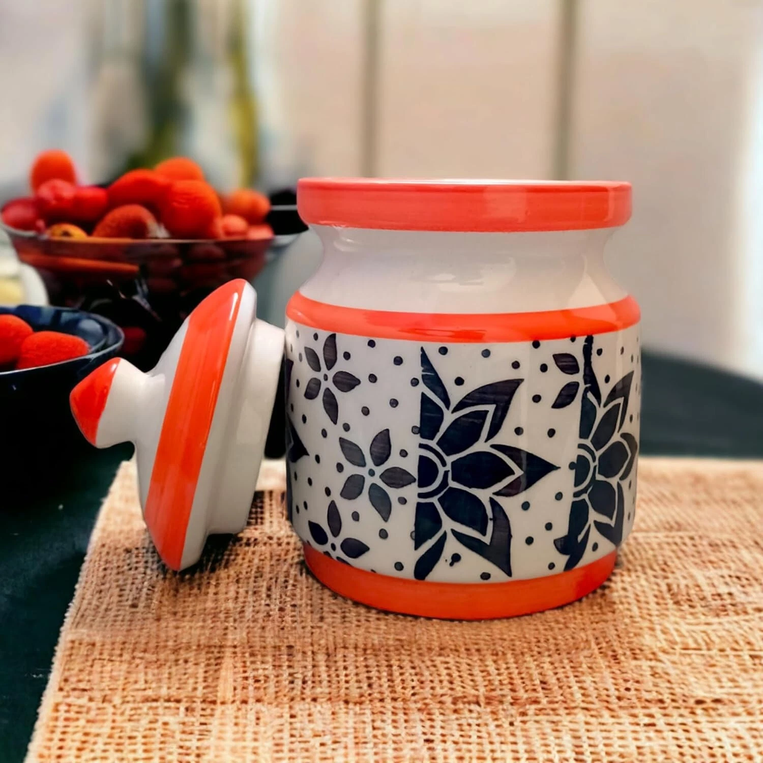Ceramic Hand Painted Barni Jar Kitchen Condiment For Salt Achaar Pickle Masala