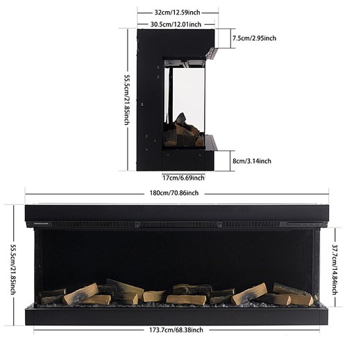 40-70Inch Inset Electric Fire Wall Recessed Fireplace 3-Sided Panoramic Display - Picture 22 of 22
