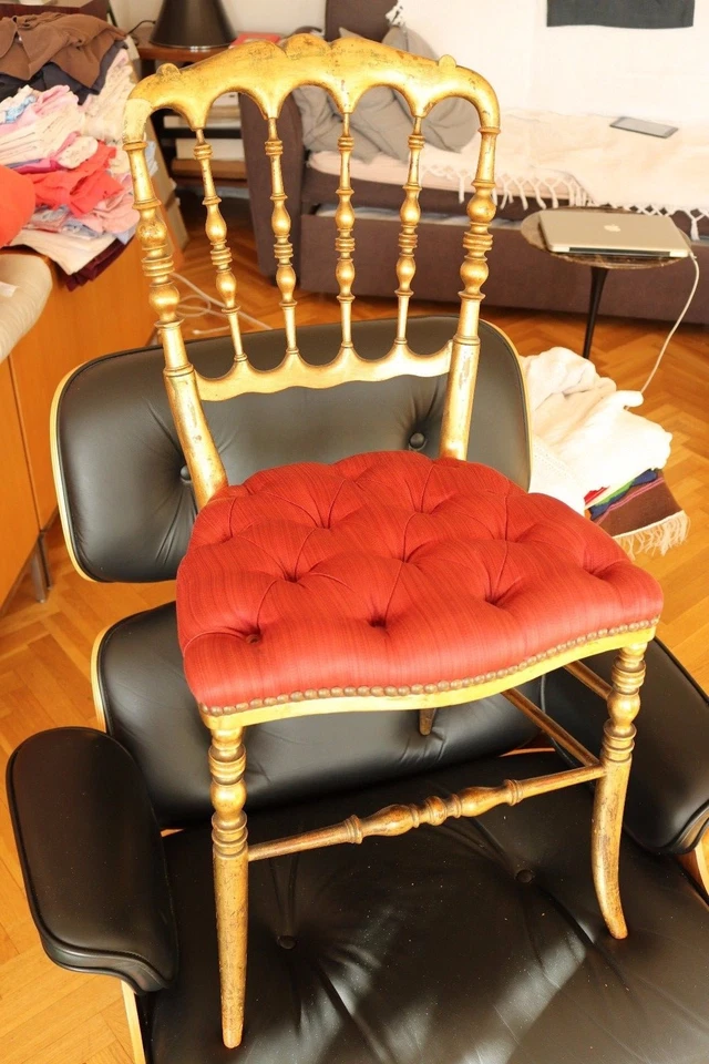 Paire chaise dorées fauteuil Epoque Napoleon III Louis XVI soie rouge XIX°  - Photo 3/4
