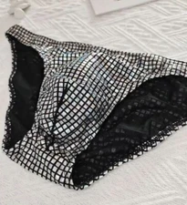 New Men's Sexy Shinny Silver Bikini Show Brief w/Contoured Pouch  -Gay Interest