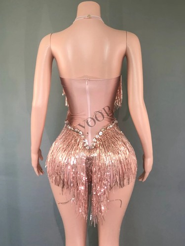 Sparkly Rhinestones Sequins Fringes Leotard Sexy Tassel Bodysuit One-piece - Picture 4 of 29